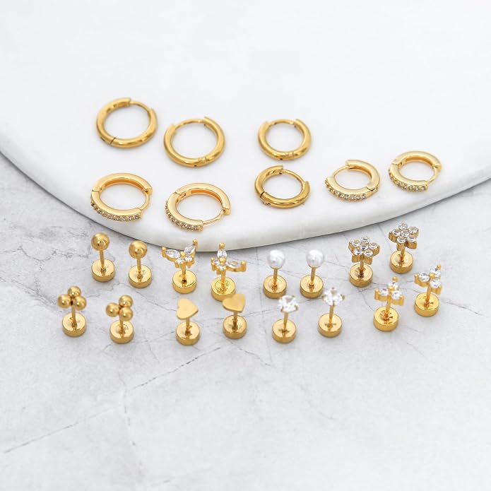 Stainless Steel Stud Earrings Set for Women Hypoallergenic Flat Back Cartilage Earrings Screw Back Huggie Hoop Earrings Multiple Piercing Cubic Zirconia Helix Tragus Jewelry
