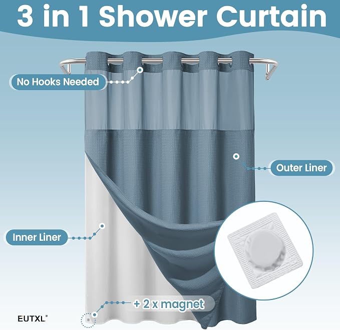 EUTXL Heavyweight Moonlight Blue No Hook Shower Curtain with Snap in Liner,256GSM Waffle Weave Shower Curtains for Bathroom,71W x 74H