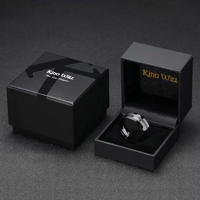 King Will Classic Tungsten Carbide Ring Brushed Two Grooved Center Hammered Design Mens Wedding Band for Men