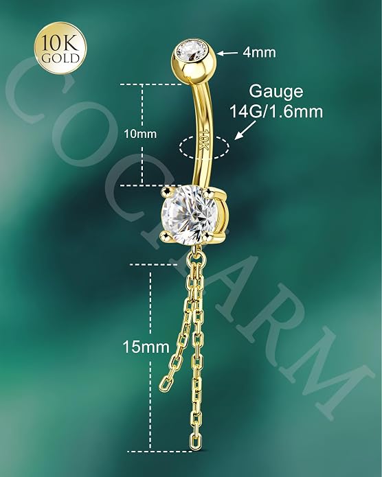 COCHARM 10K Gold Belly Button Rings, 10K Gold Belly Button Ring Dangling, 14G Gold Belly Piercing Jewelry Dangly