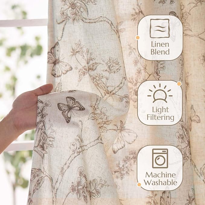 jinchan Taupe Floral Linen Curtains Lined 84 Inch Vintage Back Tab 2 Panels | Privacy lining, light filtering drapes, cottagecore, french country, farmhouse, bedroom, living room, window treatment