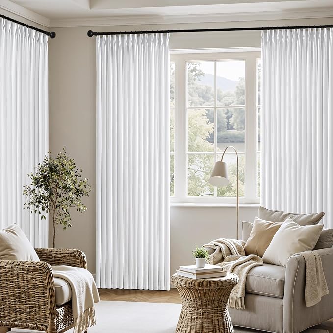 MIULEE Pinch Pleated Thick Linen Curtains 96 Inch 4 Panels Set Back Tab Memory Trained Pinch Pleat Semi Sheer Light Filtering Privacy Curtain Let Light in Window Drapes for Living Room Bedroom White