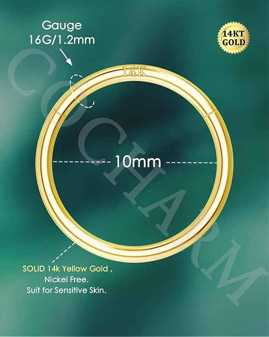 COCHARM 14K Solid Gold 18g/16g Nose Rings 16G Septum Rings Yellow Gold Tragus Helix Cartilage Conch Earring Hoops 18 Gauge Piercing Hoop