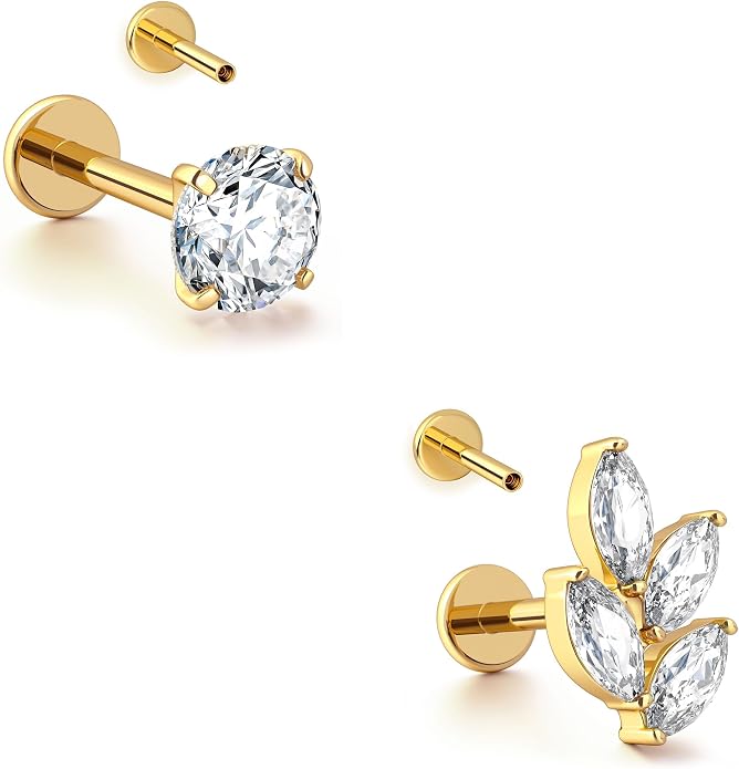 BodyBonita 16G Gold Stud Earrings Flat Back - G23 Titanium Internal Thread Clear CZ Cartilage Earrings for Women