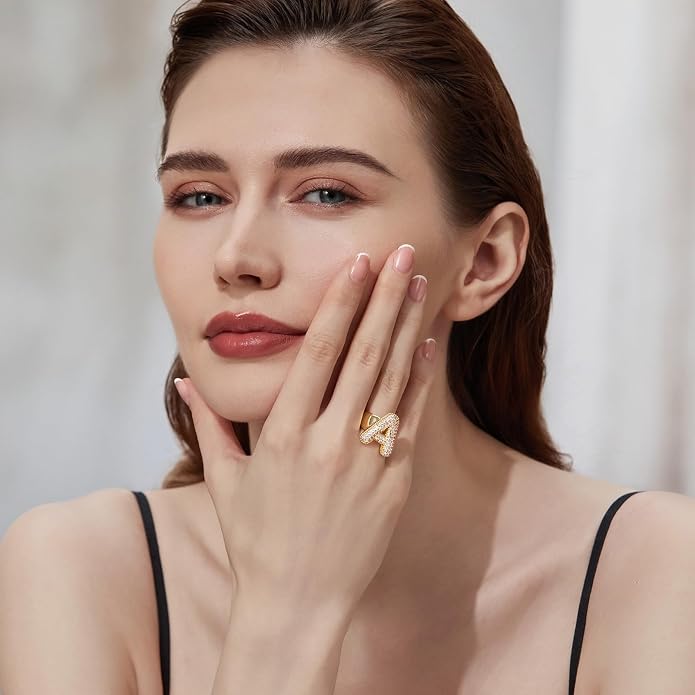 Cicy Bell Initial Rings for Women 14k Gold Plated Cubic Zirconia Delicate Letter Chunky Statement Open Rings Gifts for Her