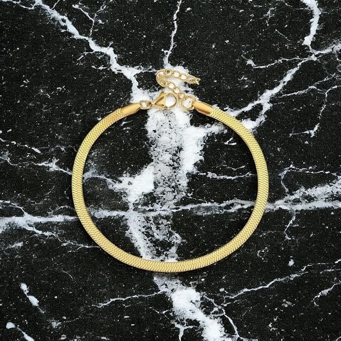 18K Yellow Gold Plated Stainless Steel Herringbone Snake Chain Anklet Flat Link Chain Women's Jewelry Waterproof Hypoallergenic