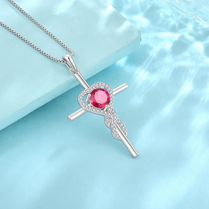 Cross Necklace for Women 925 Sterling Silver Infinity Birthstone Pendant Necklace Religious Christian Jewelry Gifts Wife Mom Her