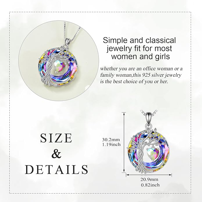 POPLYKE Mothers Day Gifts for Mom Her Wife Tree of Life Necklace 925 Sterling Silver Birthstone Pendant with Crystal Anniversary Birthday Wedding Jewelry for Women