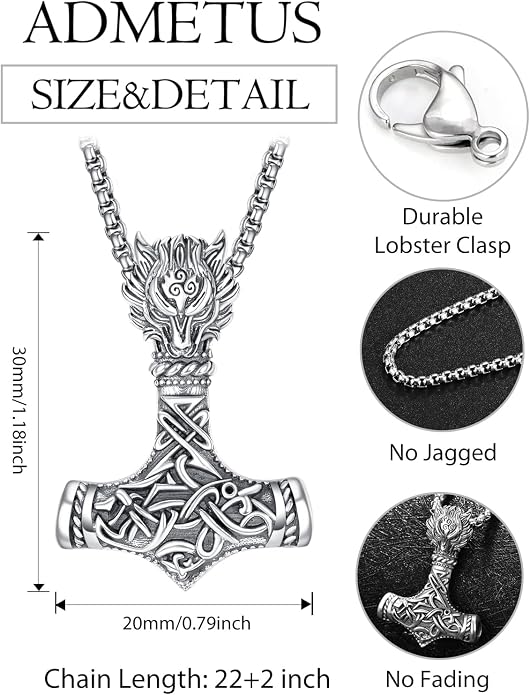 ADMETUS 925 Sterling Silver Thor Hammer Necklace Viking Mjolnir Pendant Jewelry Gifts for Men with 2.5mm 22"+2" Rolo Chain