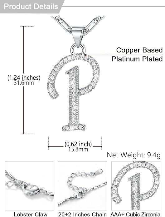 U7 Initial Necklace for Women, Gold/Platinum Plated CZ Crystal Letter A-Z Pendant Necklace, Shiny 20 Inch Name Chain Dainty Personalized Jewelry for Men Mom Wife Friend