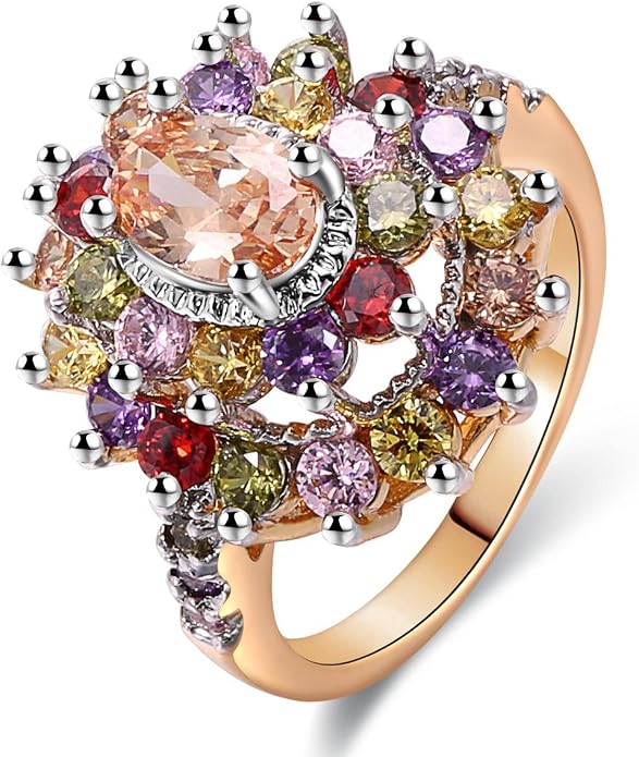 JIANGYUE Multicolor Cubic Zirconia Ring Rhodium Rose Gold Plated Multi-Stone Ring for Women Fashion Jewelry
