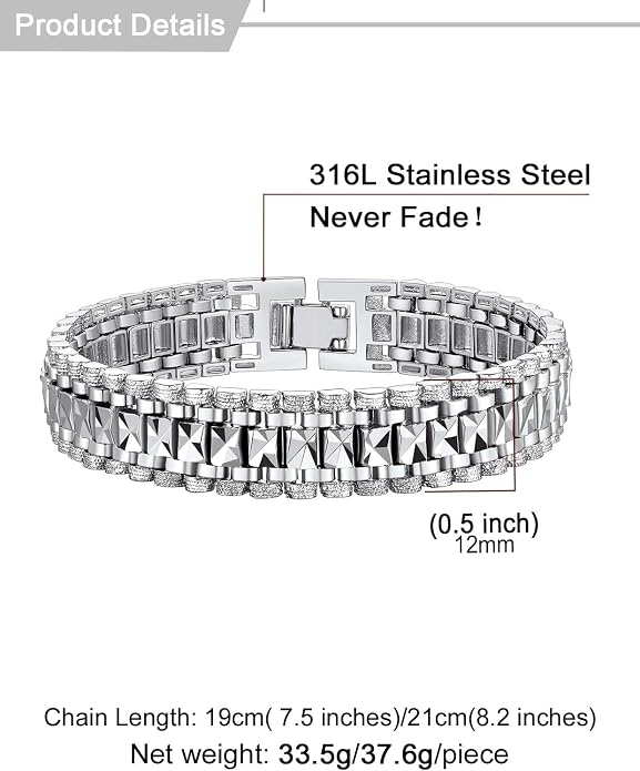 U7 Link Bracelets for Men, Cuban Link/Rope/Watch Band Solid Bracelet, Silver Black Gold Color Wrist Bracelet 3/6/9/12/15mm Width, 6.5/7.5/8.3 Inch Length, Hand Chain Jewelry for Mens Women