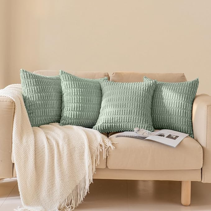 Softalker Throw Pillow Covers 16x16 Inch, Set of 4, Corduroy Soft Striped Farmhouse Boho Pillow Cover, Modern Decorative Cushion Pillow Case for Couch Sofa Bedroom Living Room, Sage Green