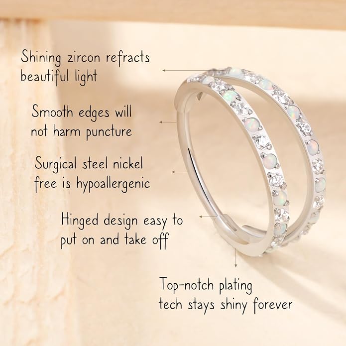 AROWRO Conch Piercing Jewelry Nose Rings Hoops Septum Rings Cartilage Earrings for Women Men Helix Piercing Jewelry Rook Tragus Surgical Steel Gold Silver 16G 18G 20G With Cubic Zirconia Opal