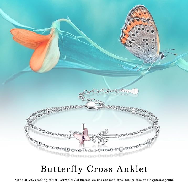 Evil Eye/Butterfly Cross Anklet for Women 925 Sterling Silver Blue Evil Eye Anklets Butterfly Bracelets Greek Blue Eyes Layered Protection Chain Jewelry Christmas Gifts