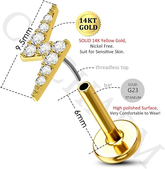 COCHARM 14K Gold Lightning Threadless Helix Cartilage Earrings Stud for Women 16g Push in Cartilage Tragus Piercing 14Kt Gold Flat Back Conch Earrings Fowward Helix Stud