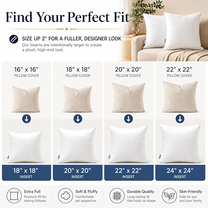 Leeden 22 x 22 Pillow Inserts (Set of 2) - Throw Pillow Inserts with 100% Cotton Cover - 22 Inch Square Decorative Pillows for Sofa, Couch, Bed and Home Decor
