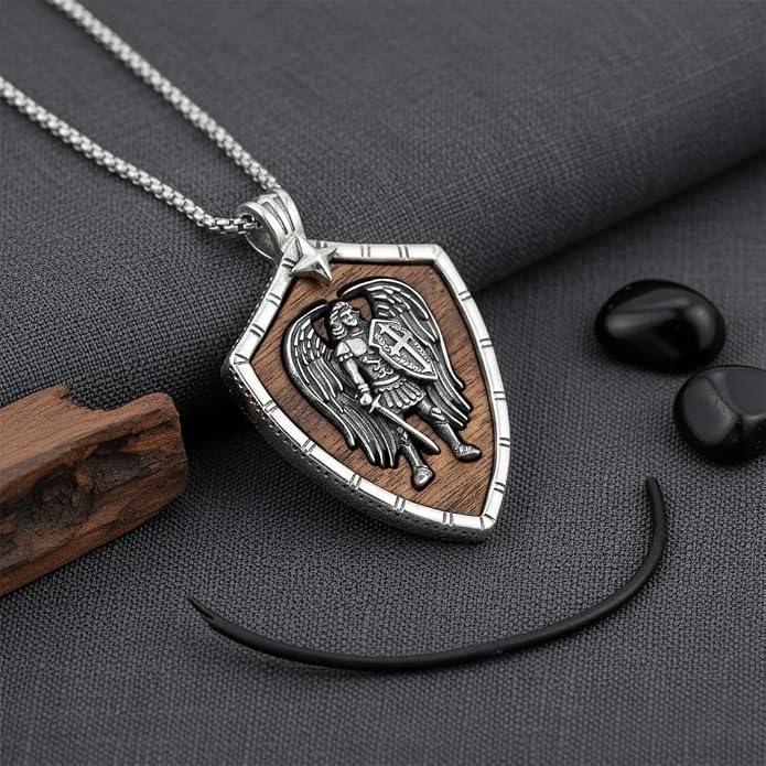 ONEFINITY Wooden Necklace Viking Wolf/St Benedict Medals/St Michael/Crucifix/St Christopher Pendant Necklace for Men Archangel Amulet Wooden Religious Jewelry Gifts for Men Women