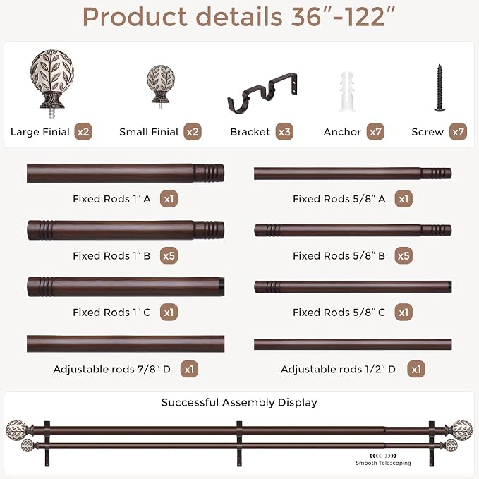 Boho Decorative Double Curtain Rod, 36-122 Inch, Walnut Wood | Handmade Wood Grain Leaf Finials, Heavy Duty Adjustable Long Rustic Metal Dual Layer Rods, 40 lb Capacity, Easy to Install