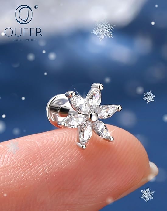 OUFER 16G Flower CZ Internally Threaded Flat Back Helix Stud 925 Sterling Silver 6/8mm Cartilage Tragus Nose Conch Daith Labret Medusa Piercing Jewelry