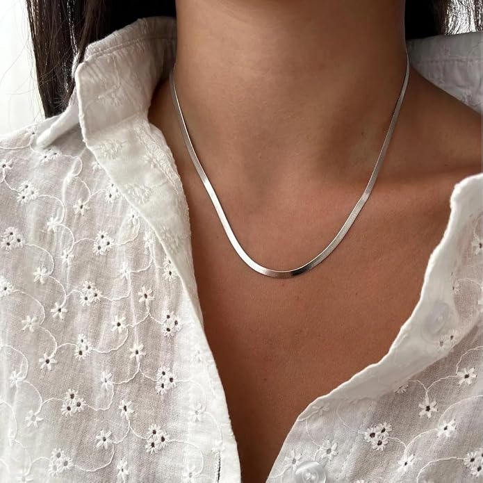 WomenGifts 14K Gold Silver Plated Herringbone Necklace for Women, Dainty Snake Chain Choker, Trendy Simple Long Layered Jewelry Non Tarnish, 3/4/5/8mm,14,16,18,20,22,24,26 Inch Thin & Chunky Options