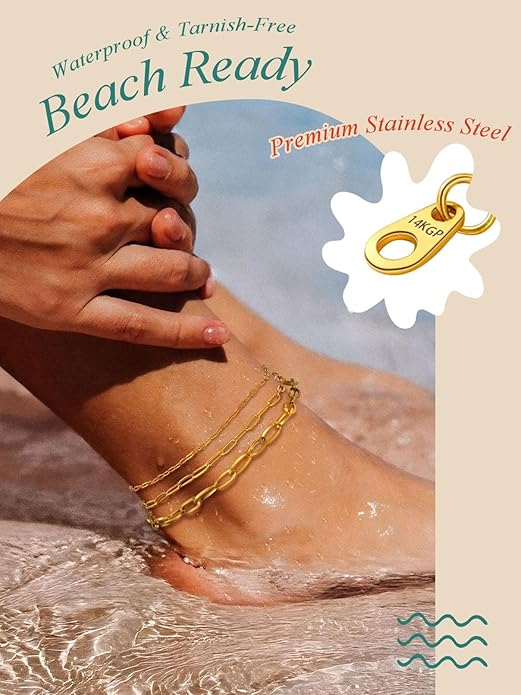FaithHeart Waterproof Ankle Bracelets for Women, 1/2/3Pcs Non Tarnish Stainless Steel Layered Anklet Set Paperclip Figaro Cuban Link Chain Dainty Summer Beach Jewelry Gift Adjustable Size
