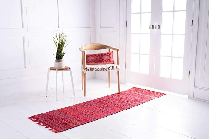 Unique Loom Chindi Cotton Collection Soft Hand Woven Natural Fiber Striped Area Rug, 2 ft 2 in x 6 ft 7 in, Red/Purple
