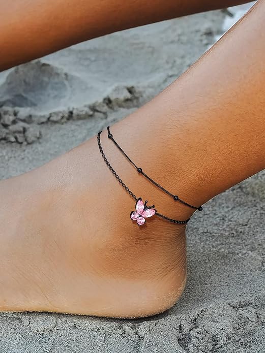 Richsteel Double Layer Heart/Butterfly Birthstone Anklet for Women Non Tarnish Waterproof, Silver/Gold/Black Stainless Steel 8.5-10.5 Inch Adjustable Chain Anklets Jewelry Gifts for Her