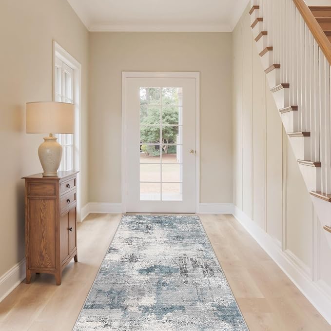 Abstract 2x8 Runner Rug: Machine Washable Non Slip Ultra Thin Low-Pile Carpet, Soft Stain Resistant for Hallway Kitchen Bathroom, Kid Pet Friendly, Robot Vacuum Compatible - Grey Blue
