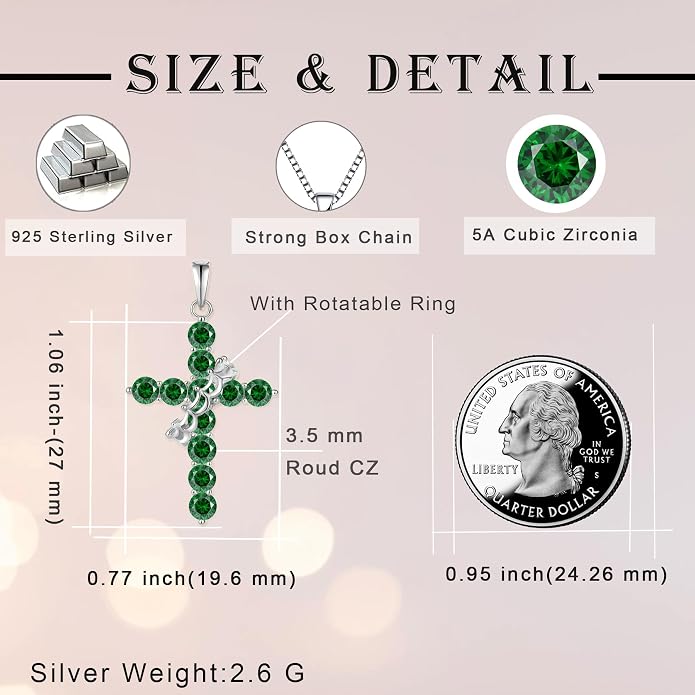 Rotated Crown Cross Necklaces for Women, 925 Sterling Silver Round Cut Zircon Neckalce Pendant With Ring Birthstones Jewelry for Her