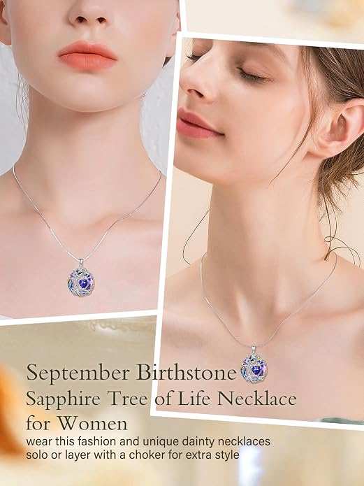 TOUPOP Tree of Life Birthstone Necklace Sterling Silver Pendant Birthstone Necklaces with Blue Crystal Anniversary Birthday Jewelry for Women Mom Wife Her