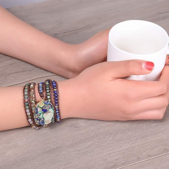 Plumiss Women Boho Handmade Natural Stone Crystal Leather Bead Wrap Bracelets Collection