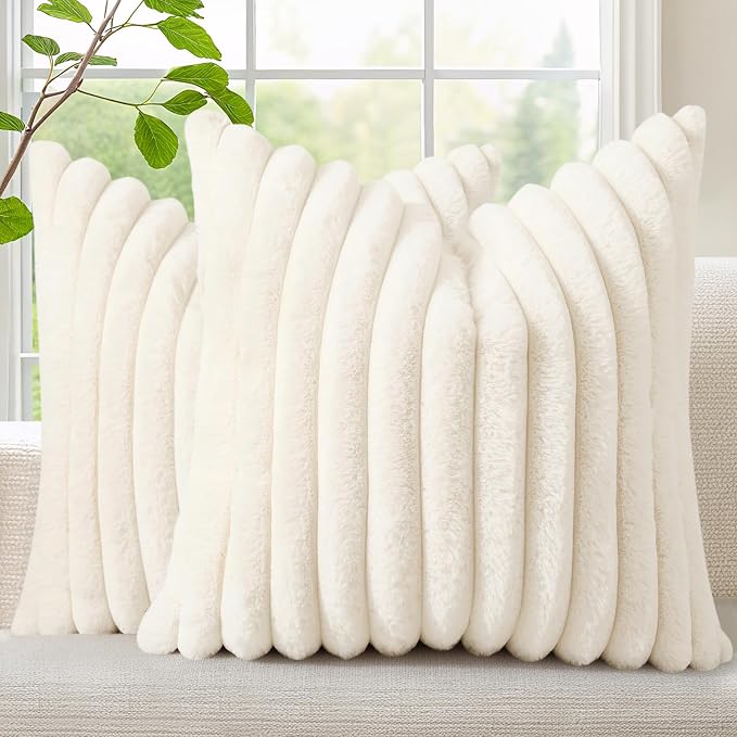 decorUhome Fall Faux Fur Throw Pillow Covers 16x16 Set of 2 Cream White | Decorative Soft Cozy Striped Plush Modern Farmhouse Boho Couch Pillow Cases Velvet Back for Sofa Bed Living Room Home Decor