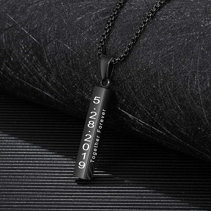 Personalized Men's Name Bar Necklace Engraved Initial Name Stainless Steel Vertical Bar Necklace for Father Husband Boyfriend Birthday
