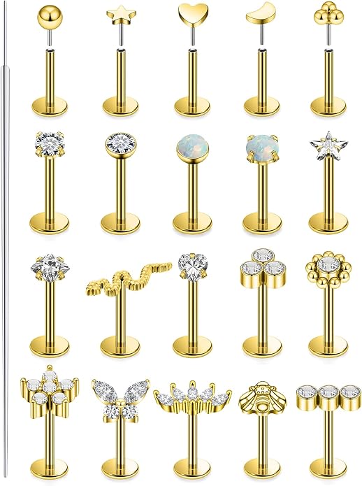 14K Gold Filled 20G 18G 16G Threadless Flat Back Earrings Studs Surgical Stainless Steel Opal CZ Push In Nose Rings Studs Tragus Helix Conch Cartilage Earrings Piercing Jewelry For Women Men