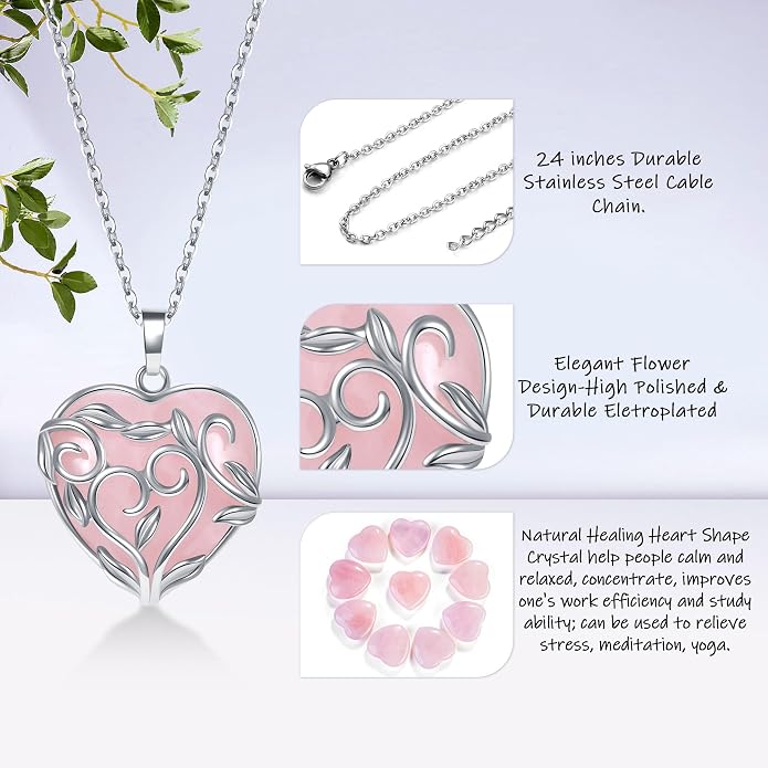 Top Plaza Natural Rose Quartz Healing Crytal Necklace Silver Life Tree Wire Wrapped Heart Shape Stone Pendant for Womens Girls Ladies