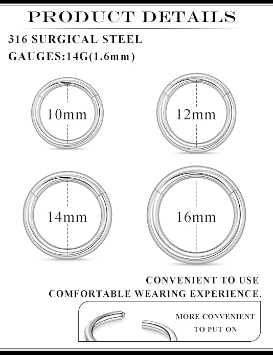 20G 18G 16G 14G 12G 10G 8G 6G Nose Rings Hoops 316l Surgical Steel Clicker Septum Lip Ring Tragus Helix Daith Rook Conch Snug Cartilage Lobe Earrings Hoop Piercing Jewelry For Women Men
