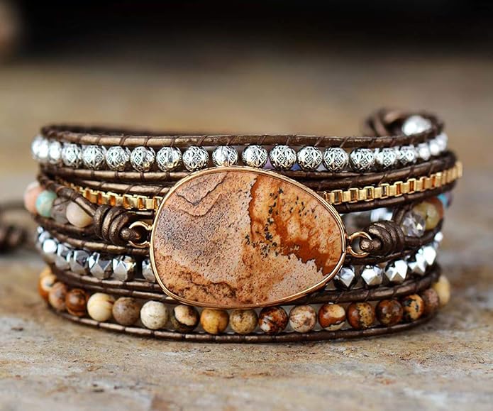 Boho Wrap Bracelet for Women, Handmade Natural Imperial Jasper Multi-Layer Stone Beaded Bracelet, Bohemian Healing Crystal Stone Jewelry Gifts