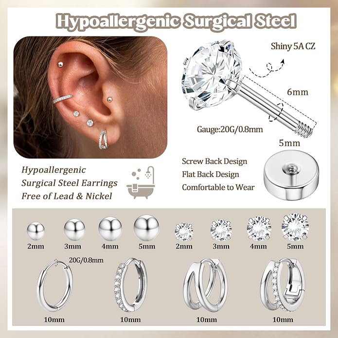 Jstyle Hypoallergenic 14K Gold Plated Stud Hoop Earrings for Women Men Surgical Stainless Steel Flat Back Earrings Small Huggie Hoops Cartilage Earring Set for Multiple Piercing Jewelry Gift for Women