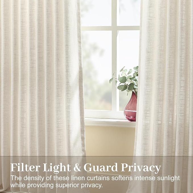 Pinch Pleated Linen Curtains 96 Inches Long for Living Room, Thick Semi Sheer Light Filtering Memory-Trained Back Tab Drapes, Natural Pinch Pleat Curtain with Hooks Rings for Bedroom Office, 2 Panels