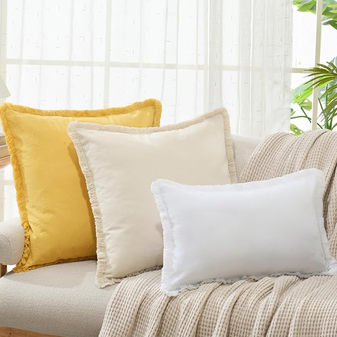 ZWJD Pillow Covers 18x18 Set of 2 Beige Throw Pillow Covers with Fringe Chic Cotton Decorative Pillows Square Cushion Covers for Sofa Couch Bed Living Room Farmhouse Boho Decor