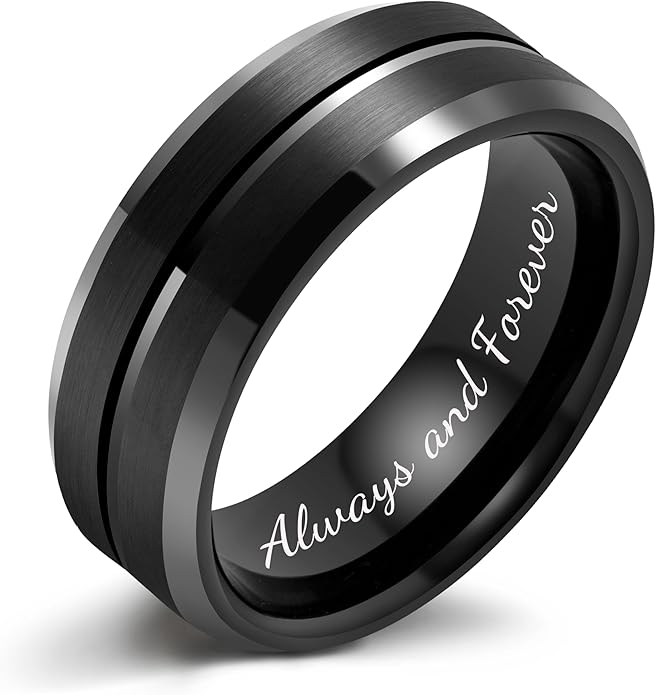 LerchPhi Tungsten Wedding Band for Men, Engraved and Customizable Promise Rings for Him and Her, Width 6MM 8MM Size 6-14, Center Grooved Beveled Edge, Comfort Fit