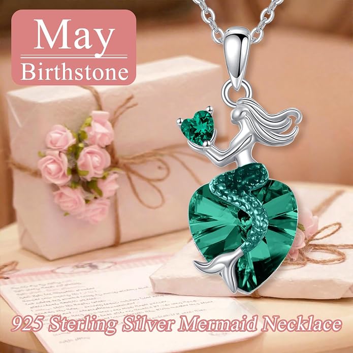 Mermaid Birthstone Necklace for Women 925 Sterling Silver Jewelry Austrian Crystal Pendant Christmas Gifts for Her