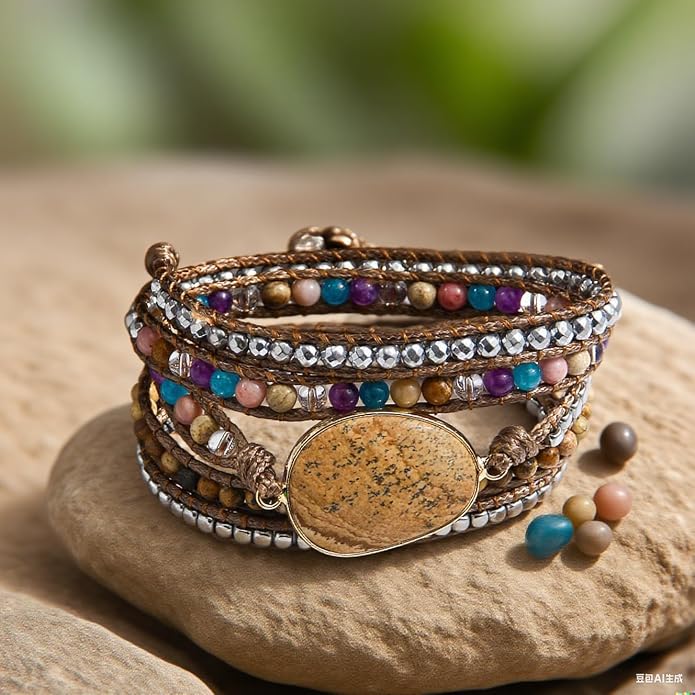 Women Wrap Bracelet Boho Natural Jasper Crystal Stone Beads Strand Bracelets