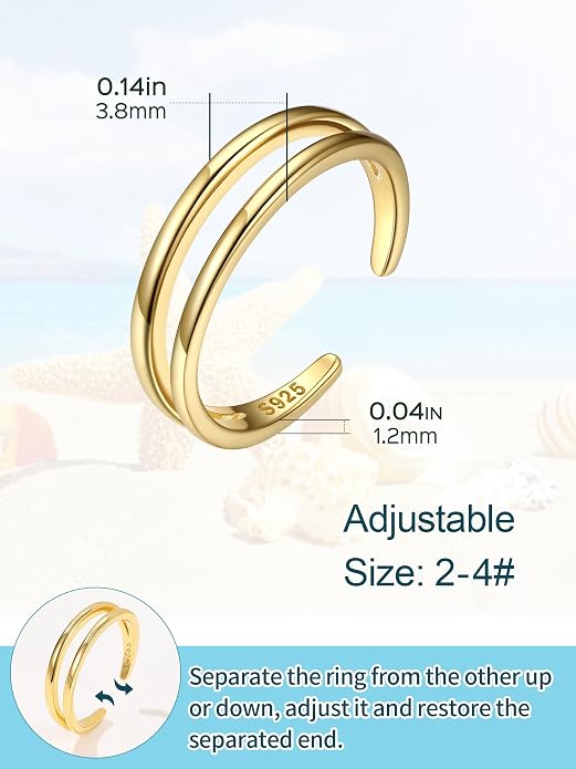 ChicSilver Sterling Silver Toe Rings for Women 14K Gold Plated Toe Rings for Women Open Adjustable Toe Ring for Women Toe Jewelry for Summer Beach
