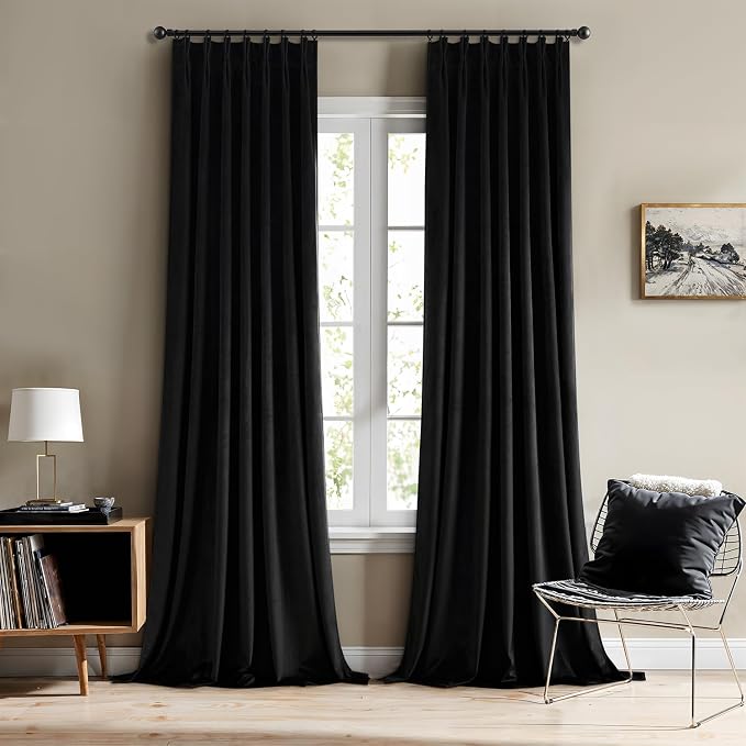 MIULEE Pinch Pleated Black Velvet Blackout Curtains 90 inches Long, Thermal Insulated Pinch Pleat Drapes with Hooks, Luxury Halloween Window Panels for Bedroom Living Room, 2 Panels