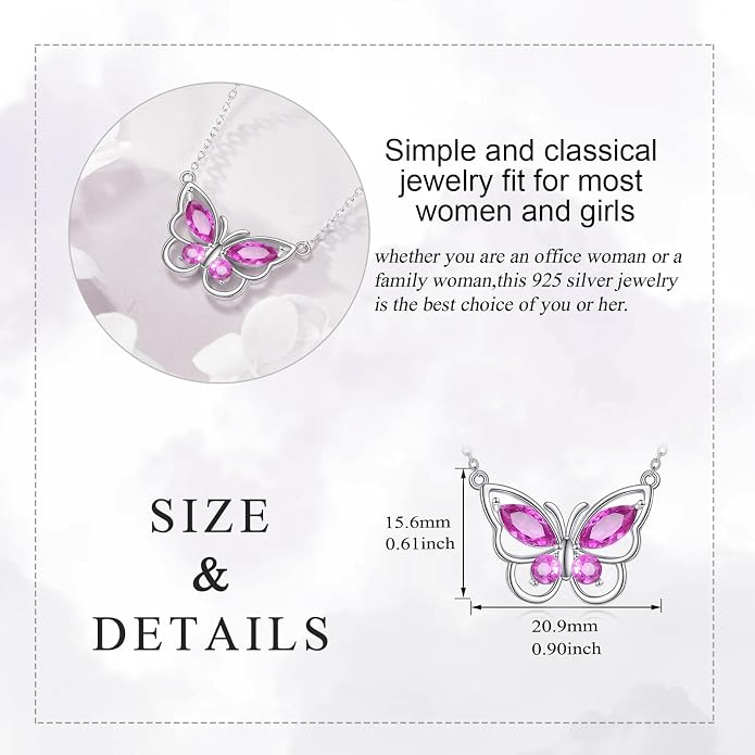 Butterfly Necklace for Women 925 Sterling Silver Crystal Butterfly Pendant Birthstone Amethyst Jewelry Gift