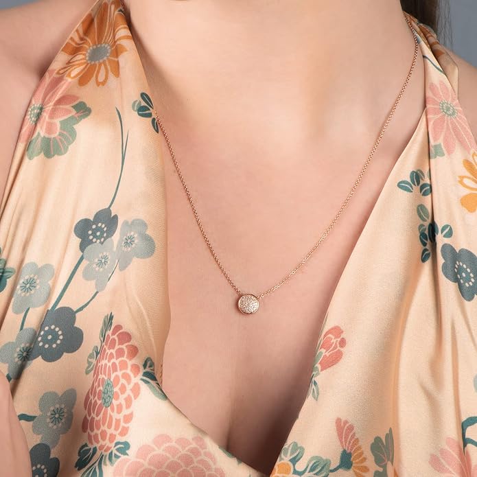Jewelili Round Diamond Necklace Pendant 1/10 CTTW in 14K Rose Gold Over Sterling Silver with 18 inch Rolo Chain