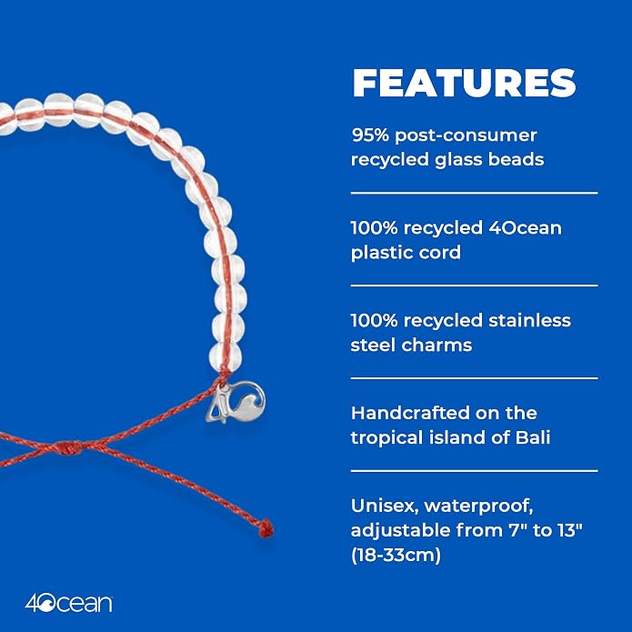 4ocean Beaded Bracelet - Removes 1 Pound of Ocean Plastic - Handcrafted, Adjustable Unisex Recycled-Jewelry - Supports Marine Life Conservation Through Ocean Plastic Removal