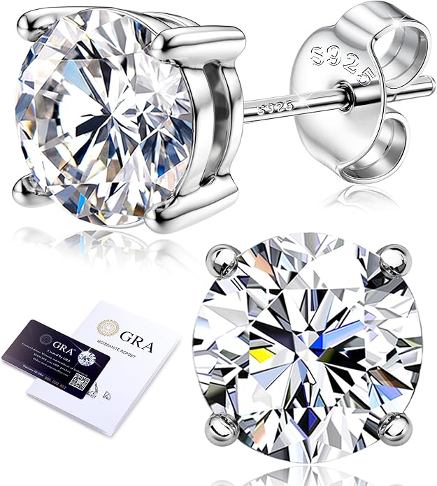 Moissanite Stud Earrings 18K White Gold Plated Brilliant Round Cut Solid 925 Sterling Silver Hypoallergenic Dainty Moissanite Jewelry for Sensitive Ear D Color VVS1 Clarity for Women Men 0.8CT-3CT